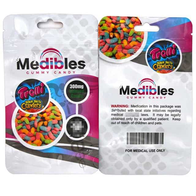 Spliff Nation Dispensary Gummy Candy Packaging Colorful gummy candy packaging with Medibles branding and warning label.