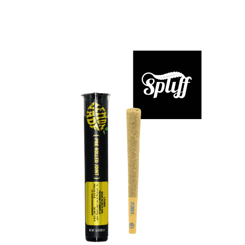 Spliff Nation Dispensary Joint and Packaging Pre-rolled joint with packaging from Spliff Nation Dispensary, cannabis product.