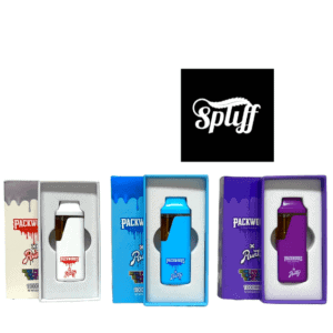 Vape pens from Spliff Nation Dispensary in colorful packaging.
