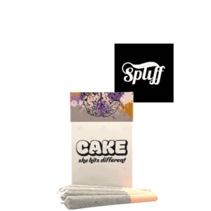 Dispensary sign with Cake product packaging at Spliff Nation in NYC.
