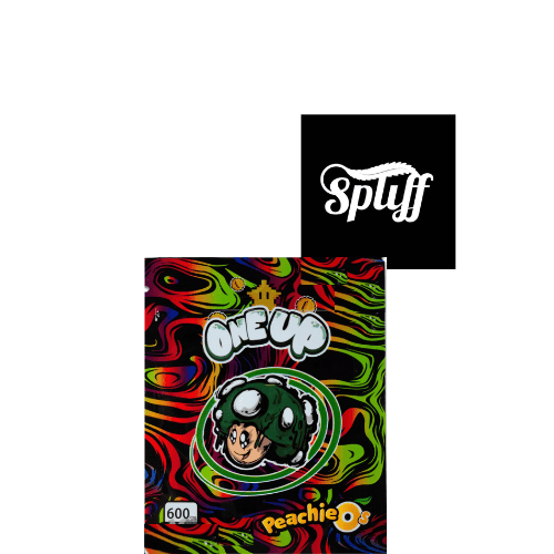 Spliff Nation Dispensary Logo and Product Packaging Logo of Spliff Nation with colorful cannabis product packaging featuring Peachie O strain.
