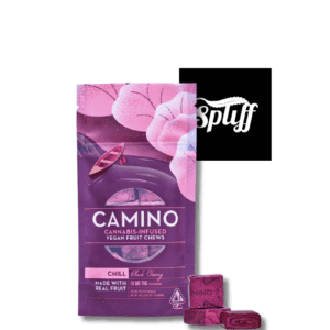 Camino vegan cannabis-infused fruit chews with cherry flavor, chill effect.