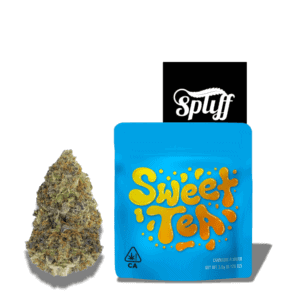 Cannabis bud next to Sweet Tent dispensary packaging for premium cannabis products.