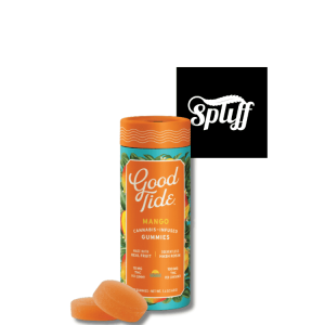Mango cannabis gummies by Good Tide, infused with THC, real fruit flavor, 100mg THC per package.