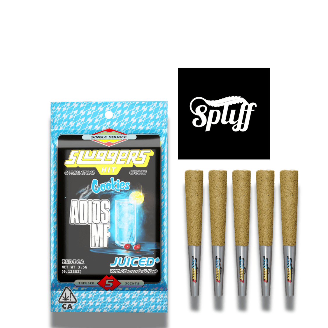 Spliff Nation Dispensary - Juiced Cookies Adios MF Pack Juiced Cookies Adios MF disposable vapes with five flavor cartridges at Spliff Nation Dispensary.