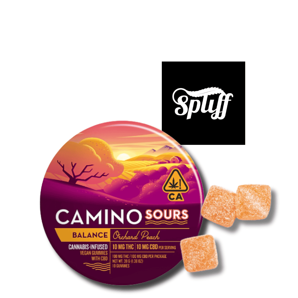 Camino Sours Cannabis Gummies Camino Sours cannabis-infused gummies with Orchard Peach flavor at Dispensary.
