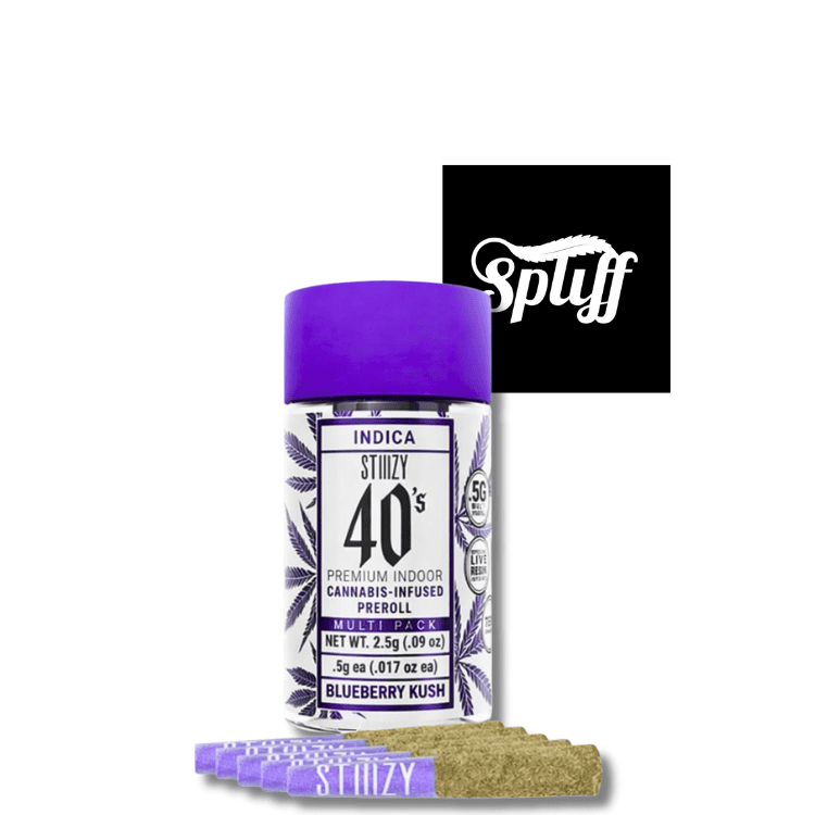 Stiiizy Blueberry Kush Pre-Rolls STIIIZY 40’s Blueberry Kush infused pre-rolls 5 pack with kief coated premium indoor cannabis joints